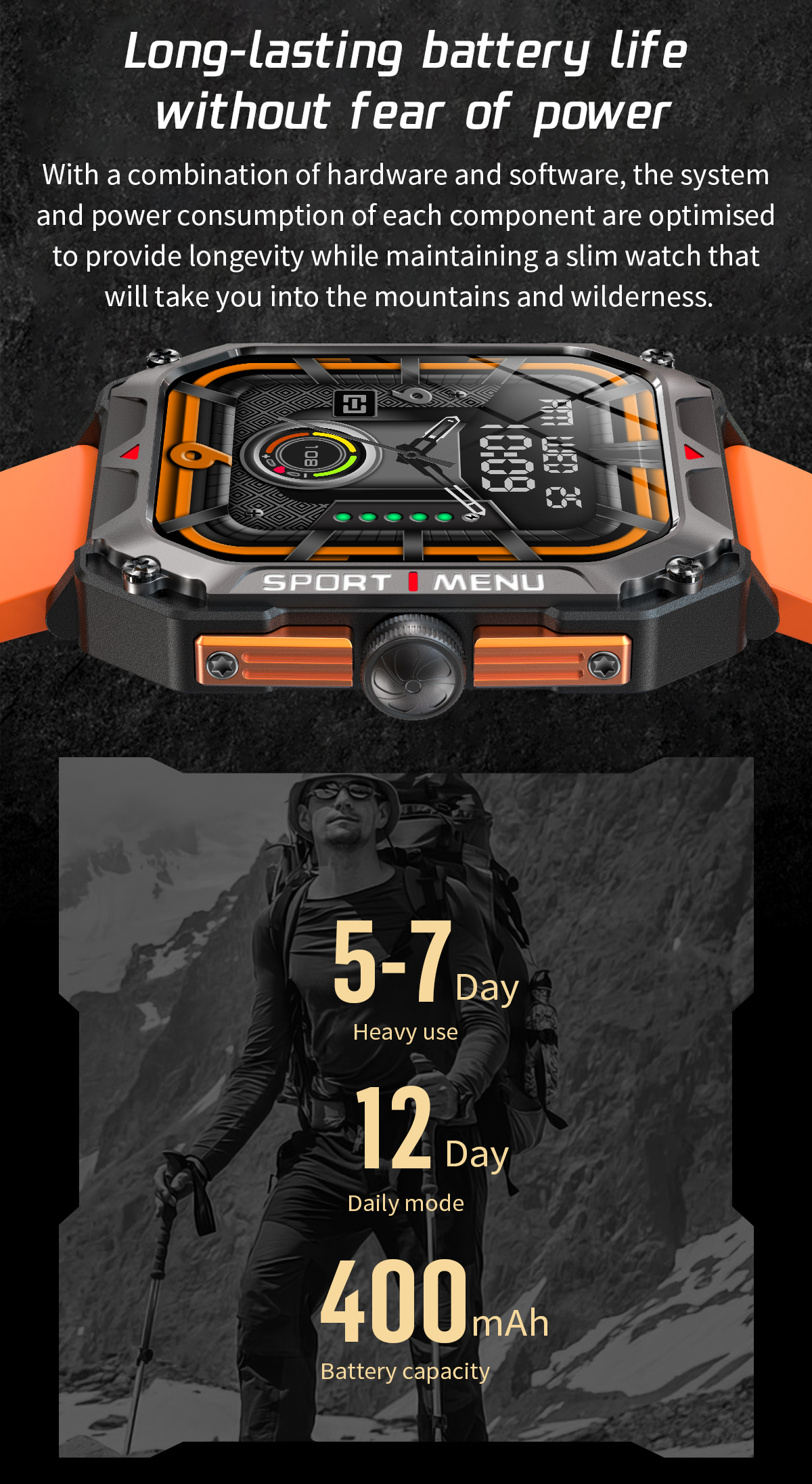 Smart Watch with Long Battery Capacity 400mAh 