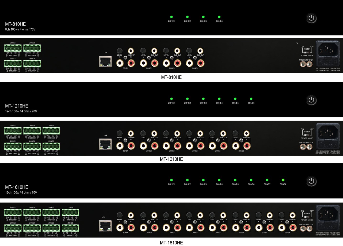 MT-1610HE Multizone Series 8/12/16-Channel Amplifier
